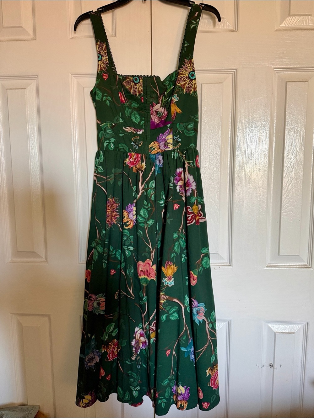 NWOT Avec Les Filles Floral Midi Smocked Corset Cotton Dark Green Dress